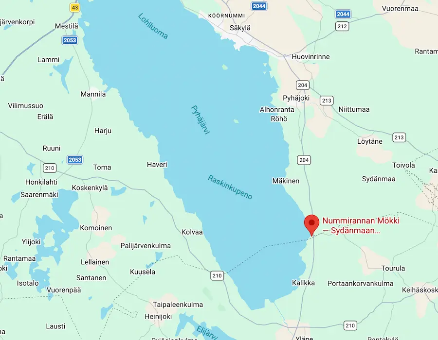 Nummirannan mökki kartalla — Säkylän Pyhäjärven rannalla, Sydänmaan kylässä